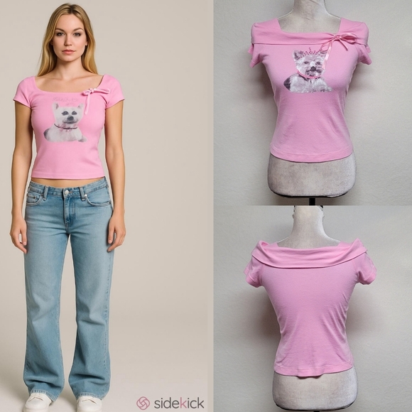 Vintage Tops - L.A. Movers Pink Rhinestone Yorkie Cowl Shoulder Cap Sleeve Cropped Babydoll Tee